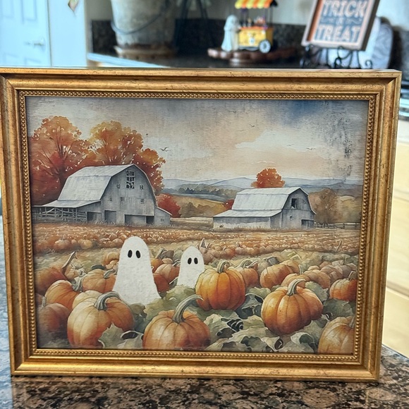 Ghosts Pumpkin Patch Gold Framed Picture Halloween Fall Harvest - Picture 1 of 2